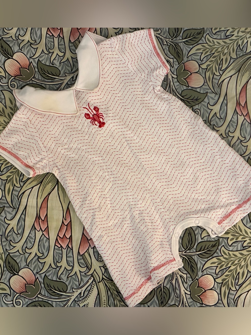 Magnolia Baby White Baby One-Piece Bodysuit with Red Lobster Embroidery